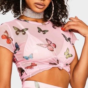 Dolls kill pink mesh “Fly Away” t-shirt 🦋🦋